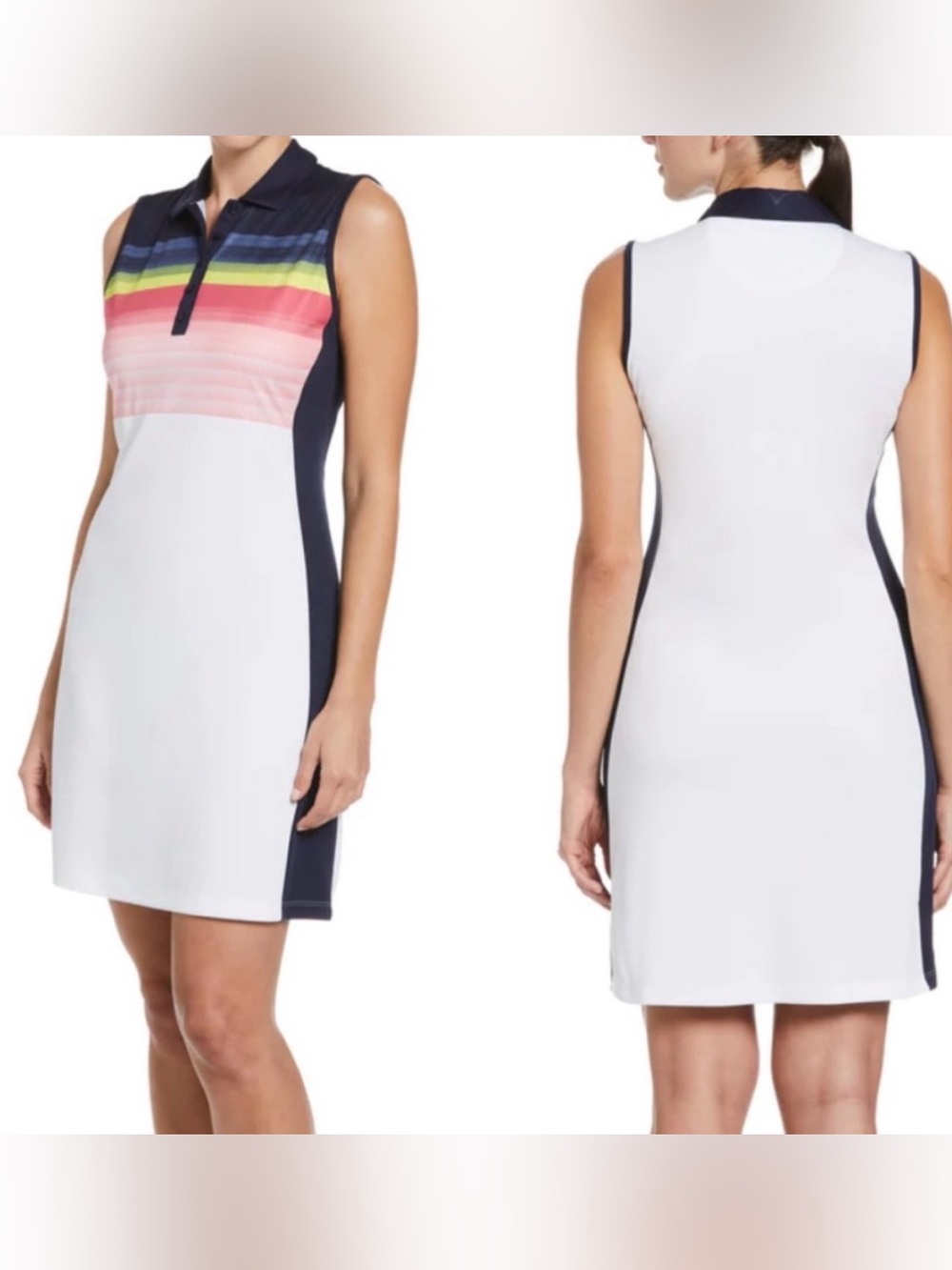 NWT Callaway White Sleeveless Polo Dress with Navy Panels and Multicolor Stripe